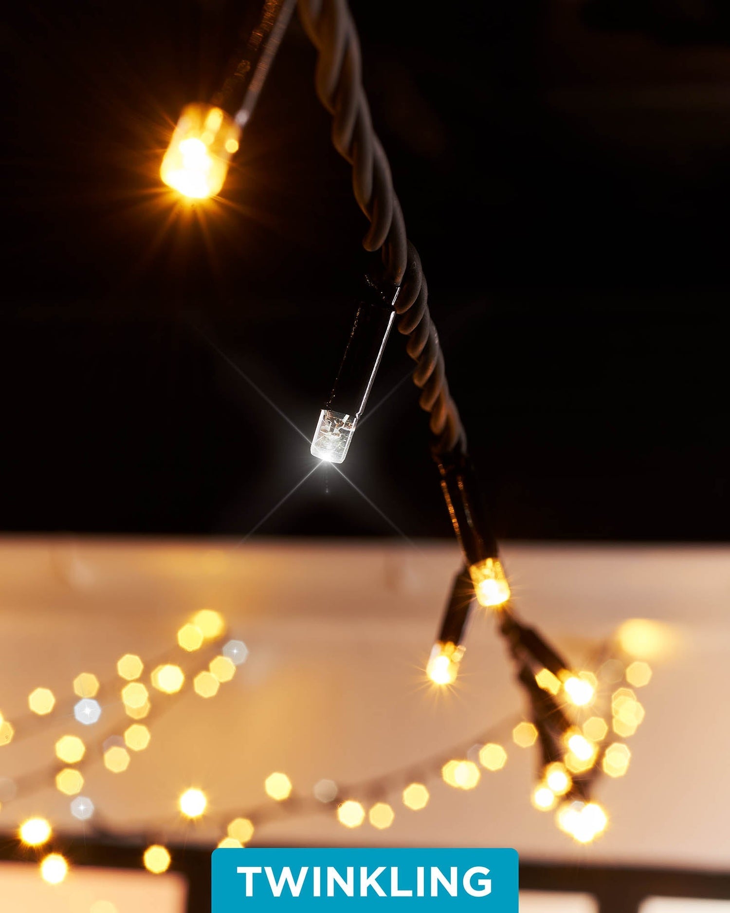 Twinkling LED String Lights, Black Cable, Warm White / White