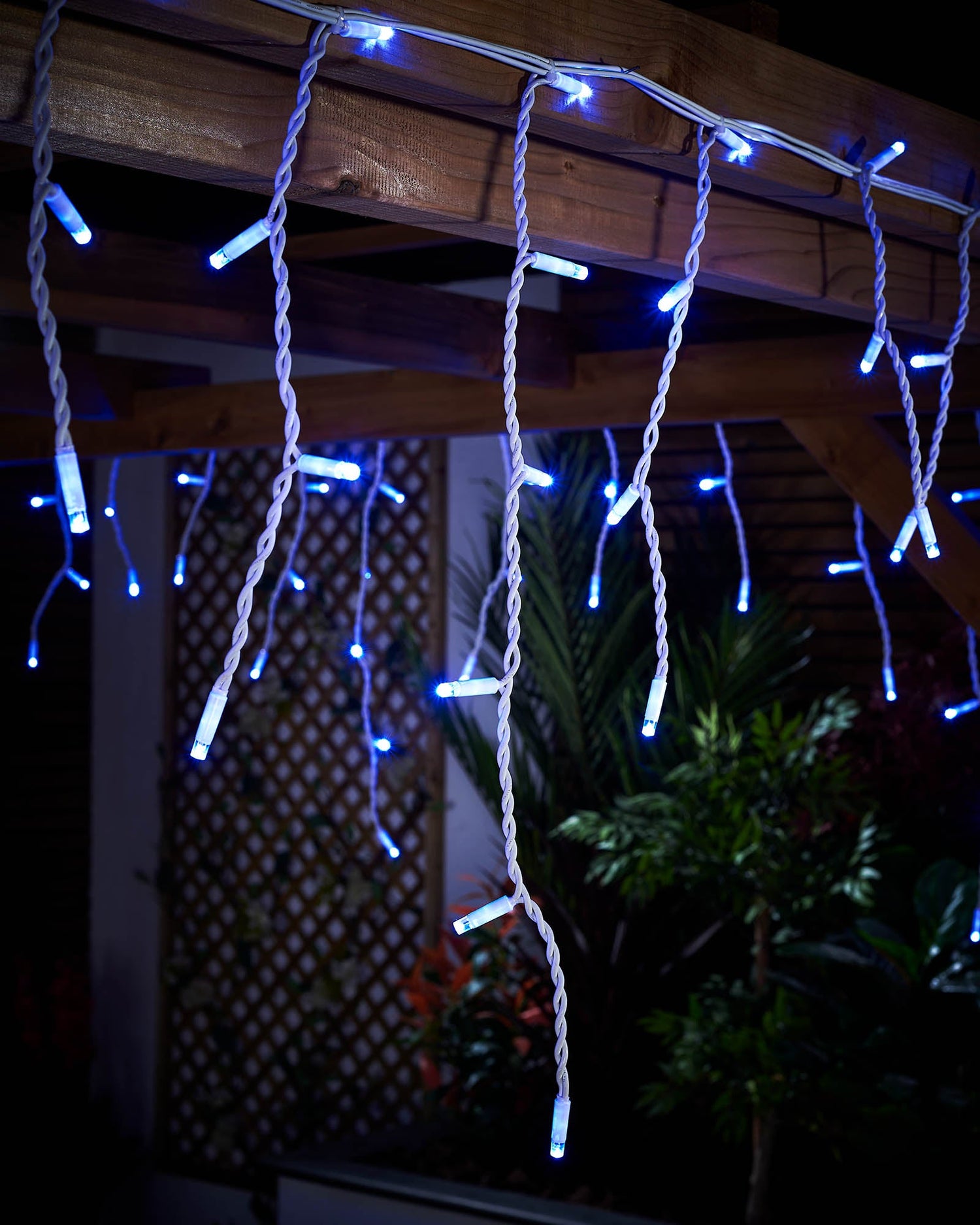 LED Icicle Lights, White Cable, Blue