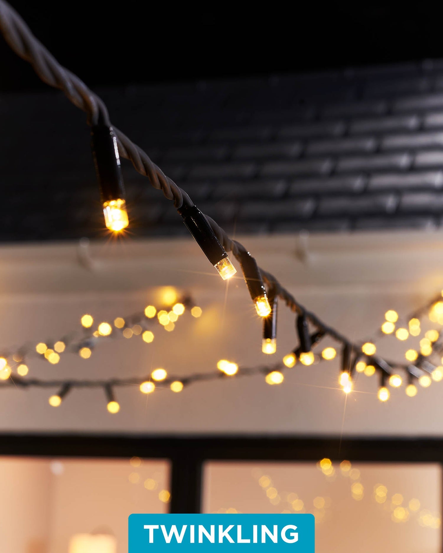 Twinkling LED String Lights, Black Cable, Warm White