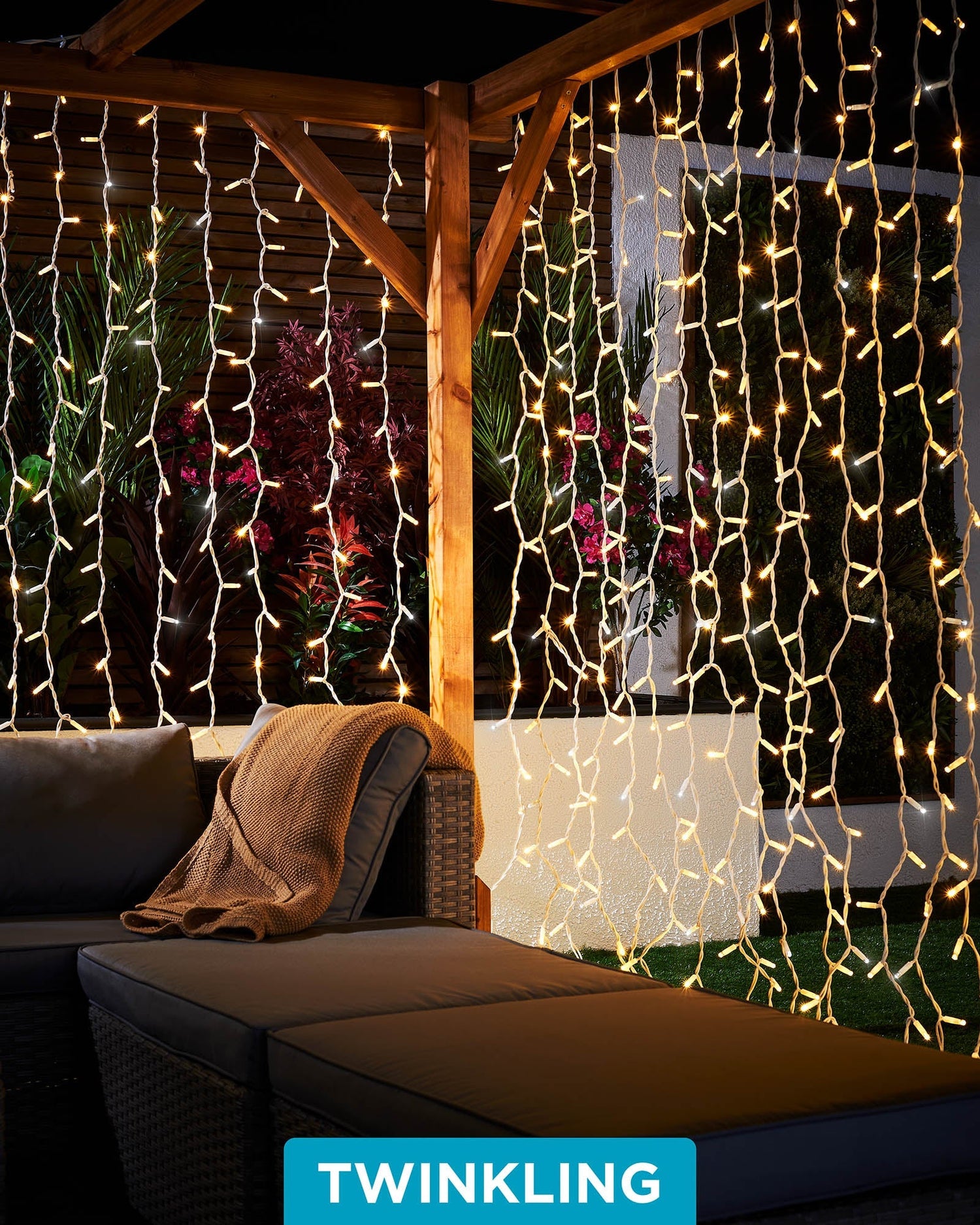 Twinkling LED Curtain Lights, White Cable, 2.5 m Drop, Warm White / White