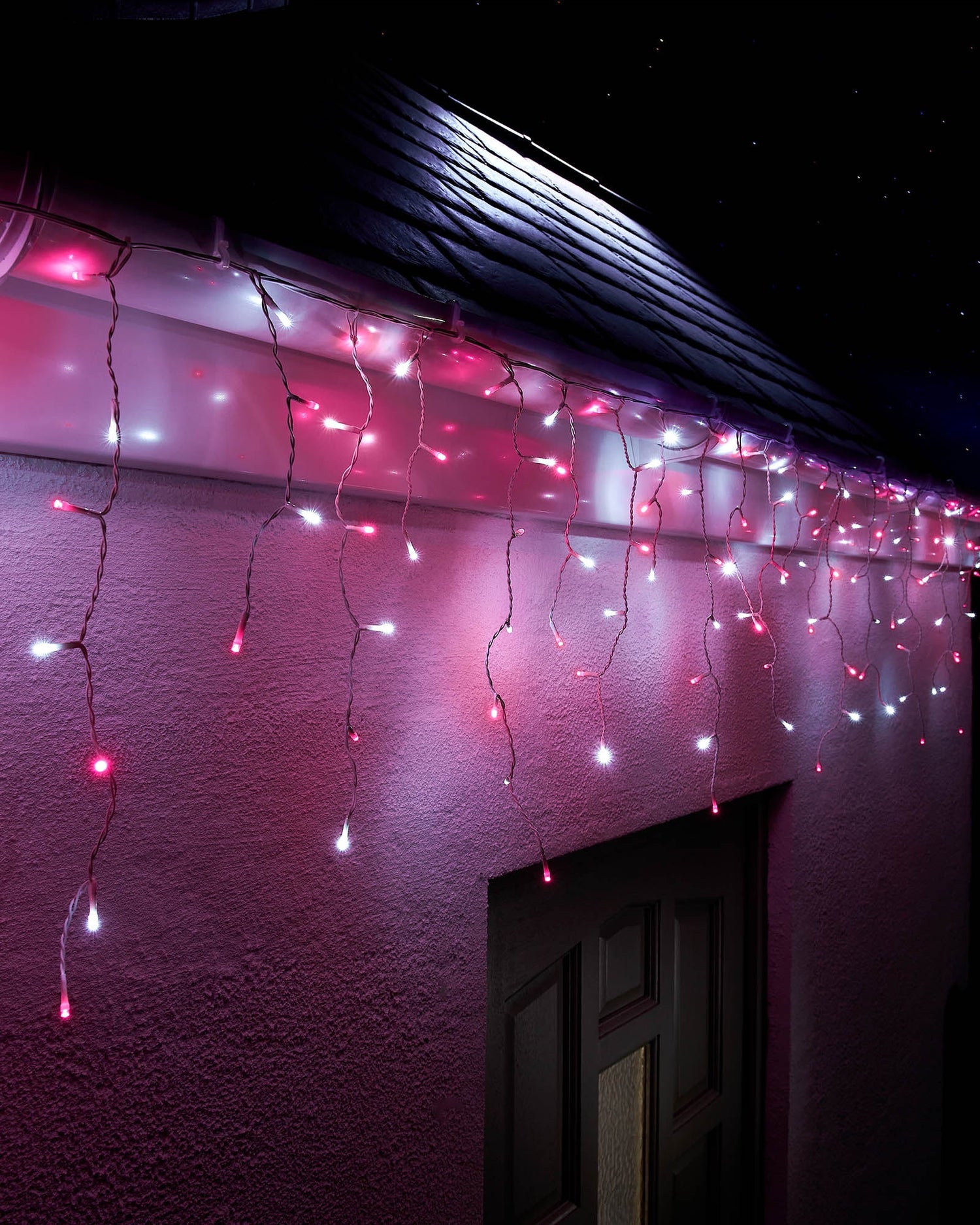 LED Icicle Lights, White Cable, Pink / White