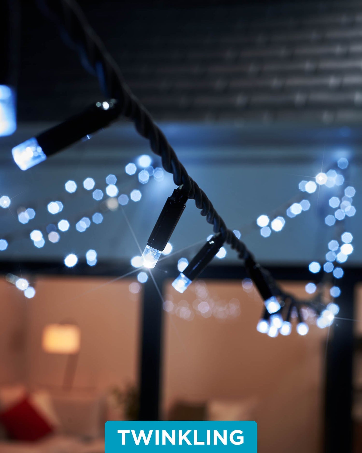 Twinkling LED String Lights, Black Cable, White