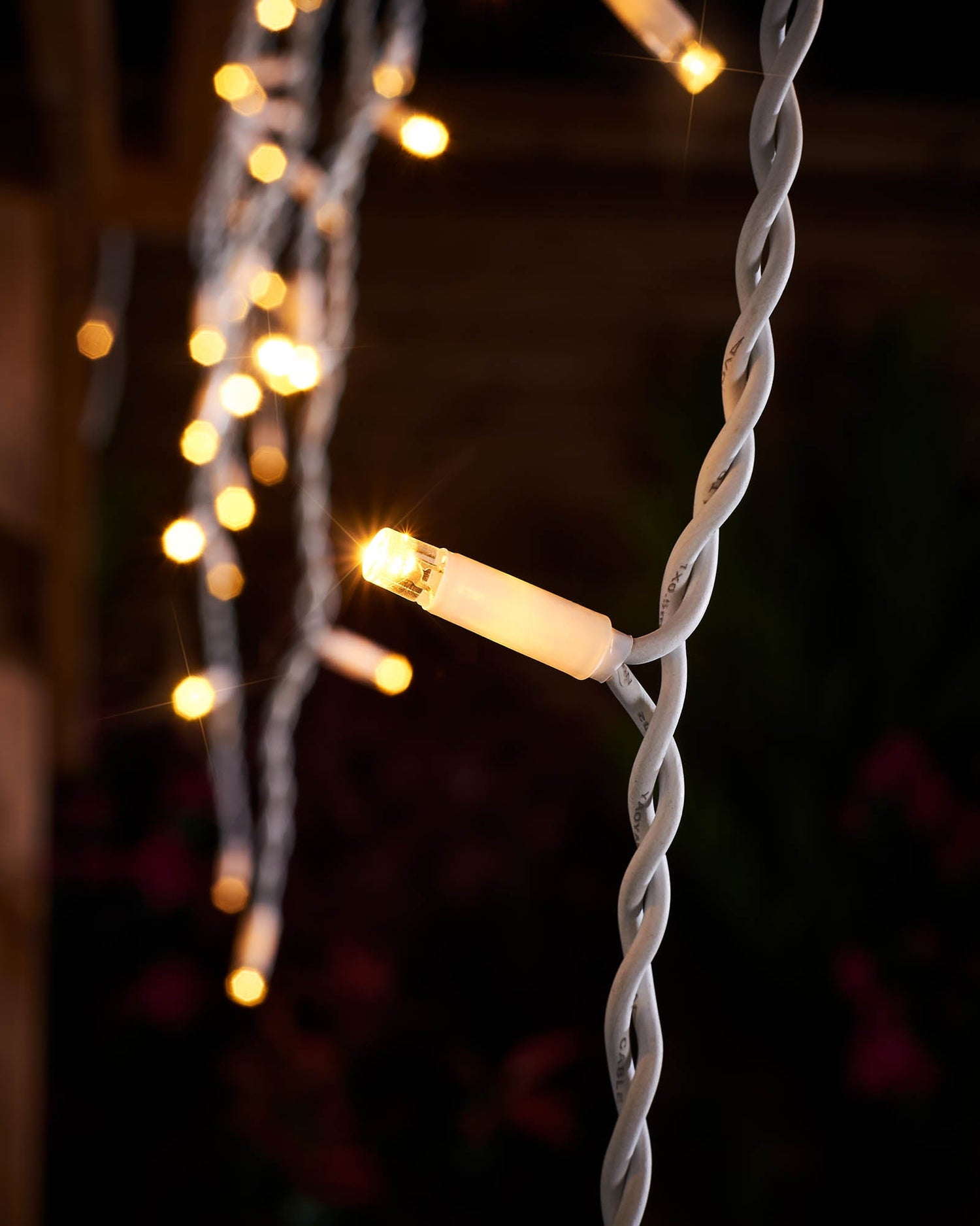 Twinkling LED Icicle Lights, White Cable, Warm White